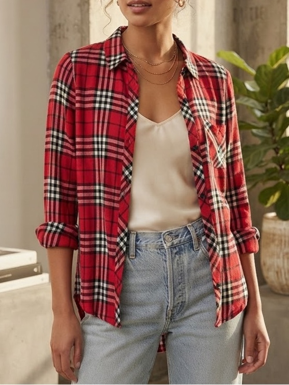 Rails Red Plaid Button-Down Shirt Cozy Slouchy Lived In